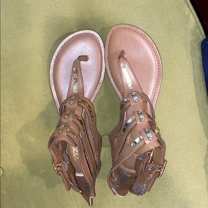 Fergie tan and gold sandals